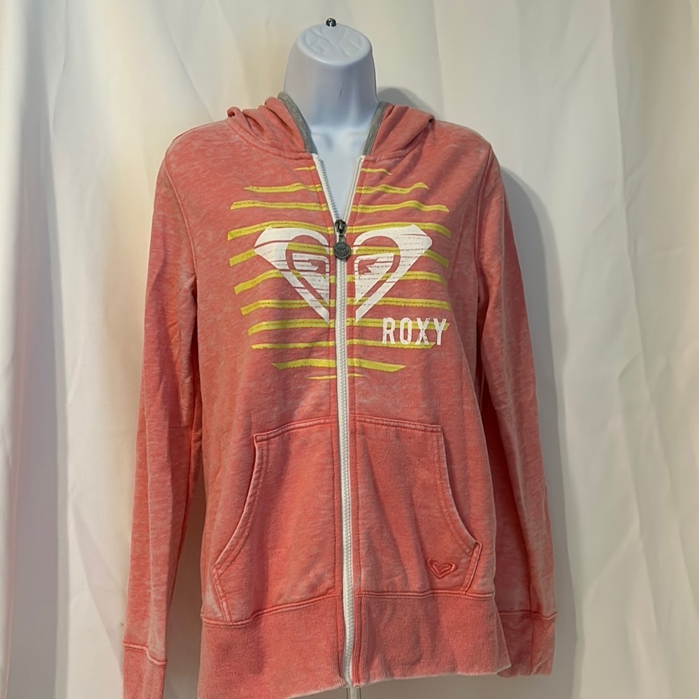 Roxy Women’s Small Pink Gray Hoodie Full Zip Front Logo Cotton Beach  Jacket